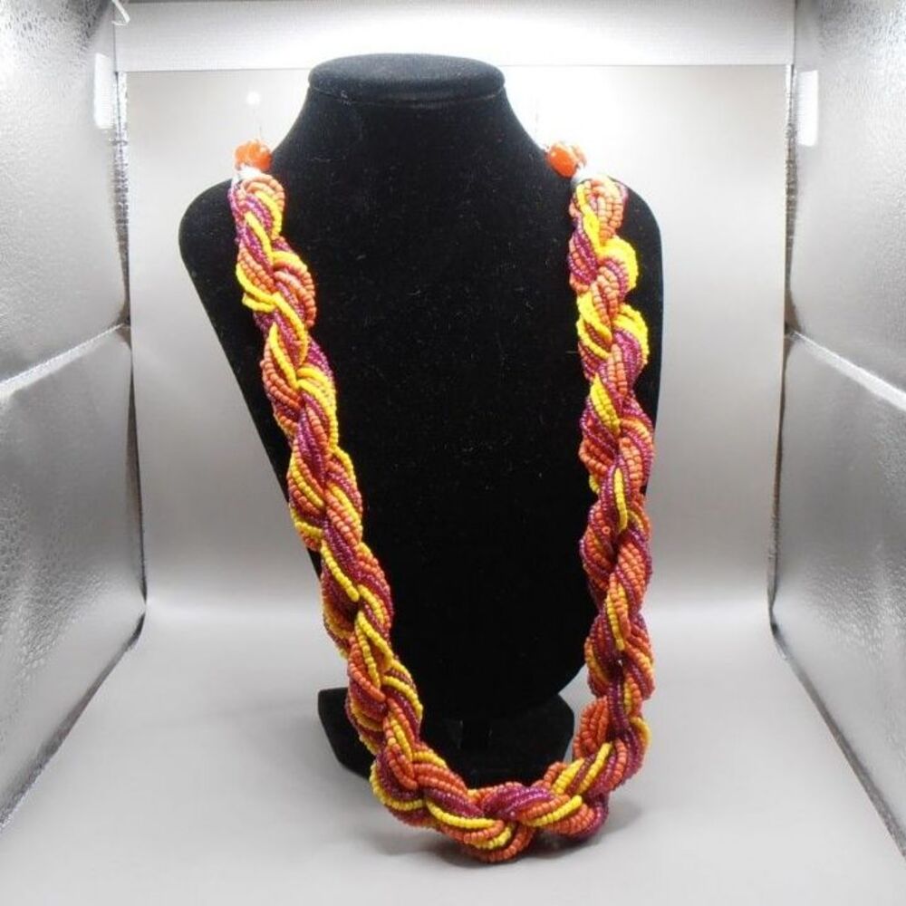 VTG 33" Hand-Beaded Braided Rope Necklace in Sunset Orange, Yellow & Plum